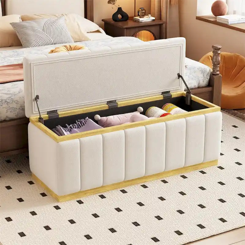 Banc de rangement moderne en tissu de lin rembourré avec cadre en bois massif