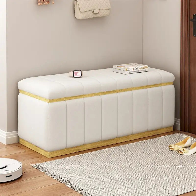 Banc de rangement moderne en tissu de lin rembourré avec cadre en bois massif