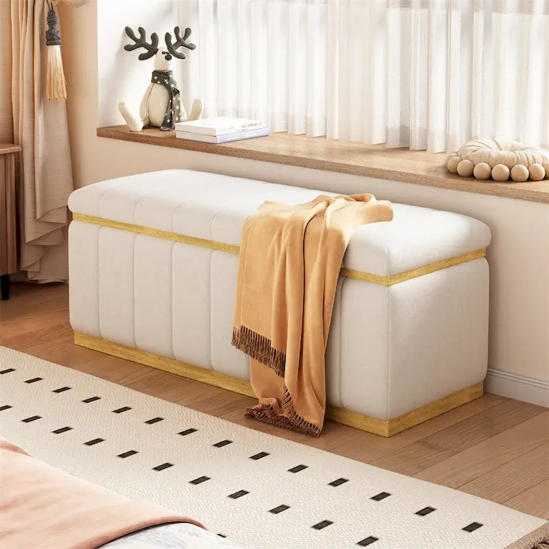 Banc de rangement moderne en tissu de lin rembourré avec cadre en bois massif