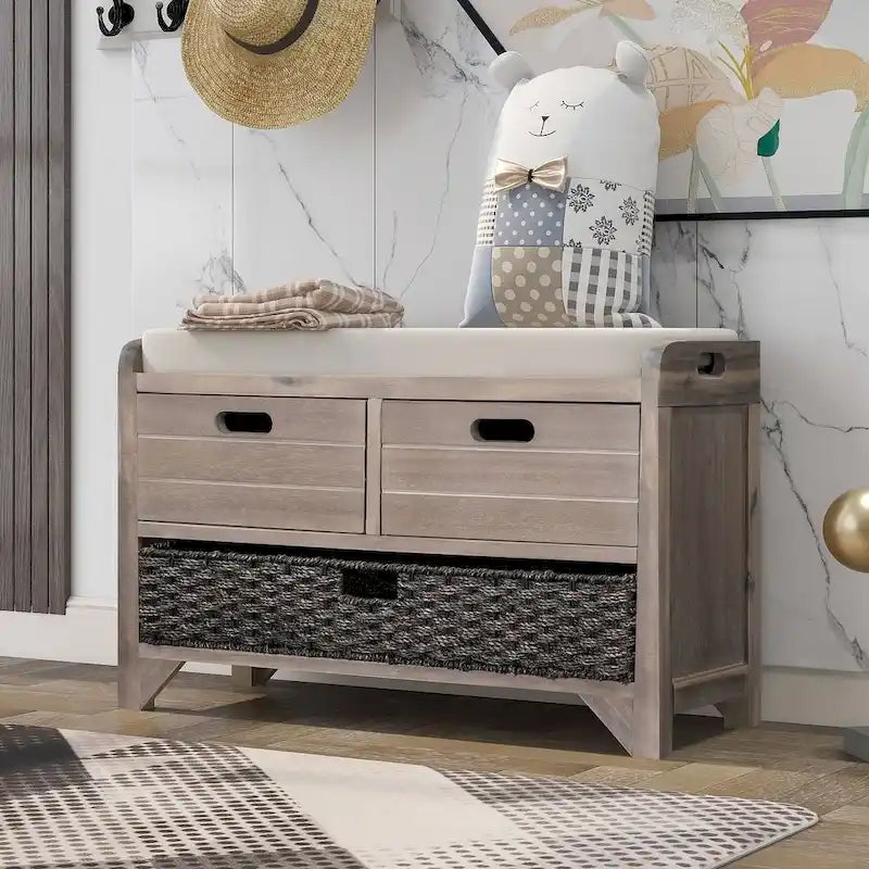 Banc d’entrée polyvalent de style rustique avec revêtement rembourré, 2 tiroirs et panier amovible