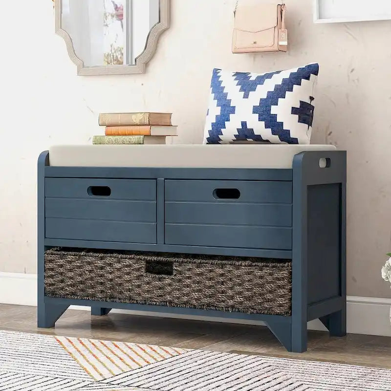 Banc d’entrée polyvalent de style rustique avec revêtement rembourré, 2 tiroirs et panier amovible