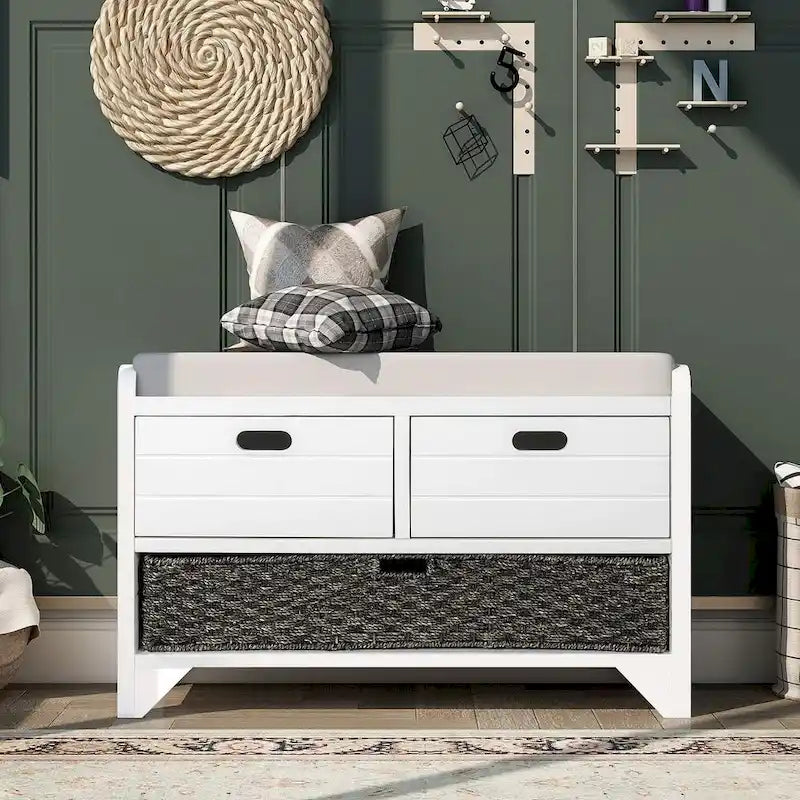 Banc d’entrée polyvalent de style rustique avec revêtement rembourré, 2 tiroirs et panier amovible