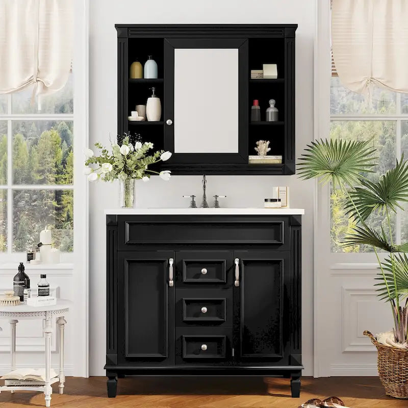 Mueble de baño de 36 con lavabo integrado, moderno armario de almacenamiento para baño con 2 puertas de cierre suave, 2 cajones y un lavabo