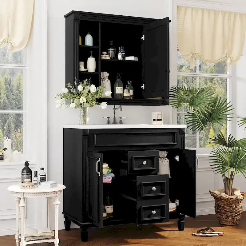 Meuble-lavabo de salle de bain de 36 avec lavabo intégré, meuble de rangement moderne avec 2 portes à fermeture amortie, 2 tiroirs et lavabo simple