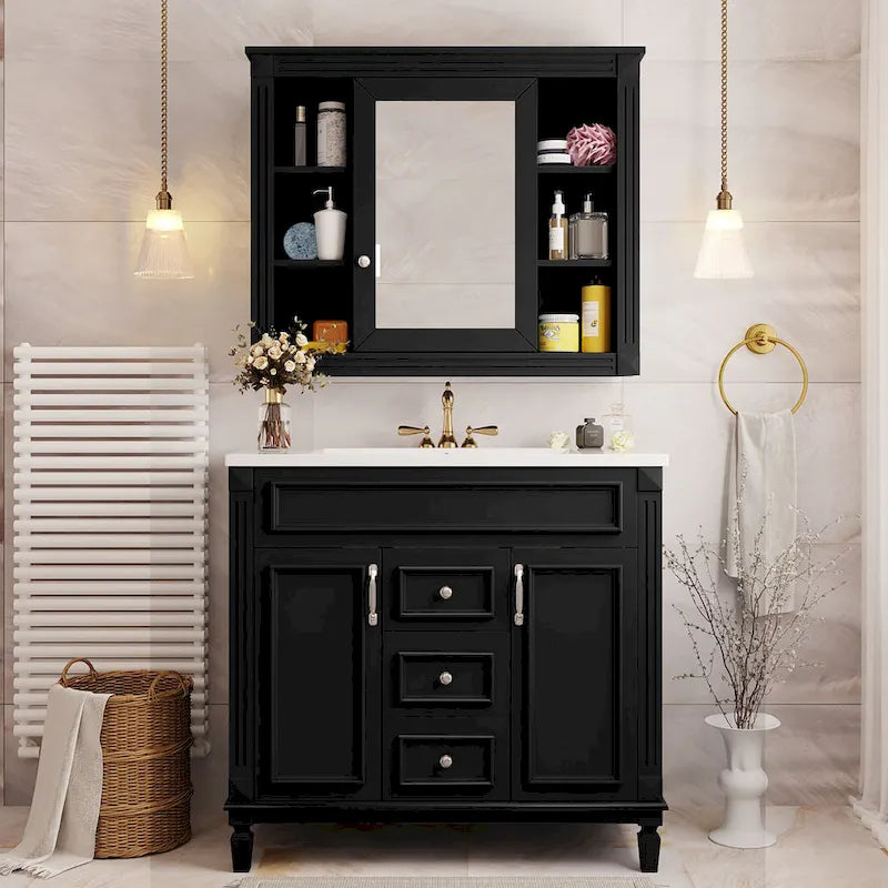 Meuble-lavabo de salle de bain de 36 avec lavabo intégré, meuble de rangement moderne avec 2 portes à fermeture amortie, 2 tiroirs et lavabo simple