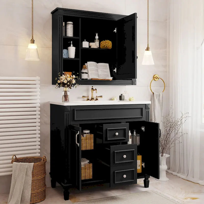 Meuble-lavabo de salle de bain de 36 avec lavabo intégré, meuble de rangement moderne avec 2 portes à fermeture amortie, 2 tiroirs et lavabo simple