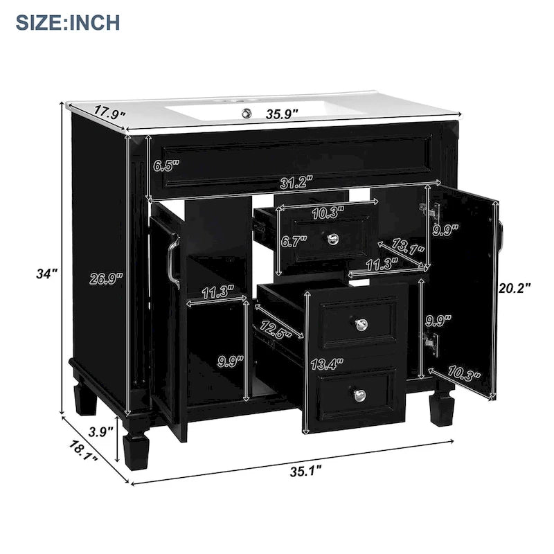 Mueble de baño de 36 con lavabo integrado, moderno armario de almacenamiento para baño con 2 puertas de cierre suave, 2 cajones y un lavabo