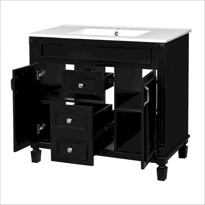 Mueble de baño de 36 con lavabo integrado, moderno armario de almacenamiento para baño con 2 puertas de cierre suave, 2 cajones y un lavabo