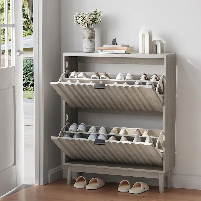 Meuble à chaussures cannelé pour entrée, meuble à chaussures étroit avec 2 tiroirs basculants et pieds en bois massif, rangement à chaussures étroit