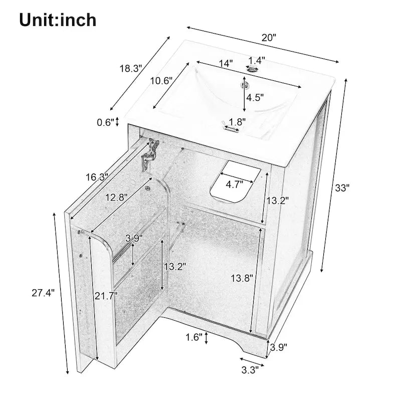 Ensemble de meuble-lavabo de salle de bain de 20 avec lavabo en céramique, meuble moderne avec porte à fermeture amortie