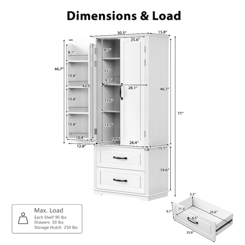 Armoire de cuisine haute de 71, armoire de rangement autoportante avec 2 tiroirs, vaisselier de cuisine