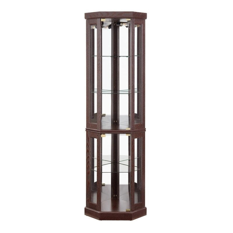 Elegante vitrina de esquina con luces integradas, ideal para exhibir objetos de colección, cristalería o decoración.