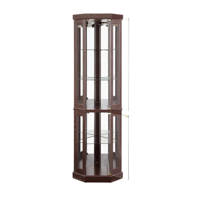 Elegante vitrina de esquina con luces integradas, ideal para exhibir objetos de colección, cristalería o decoración.