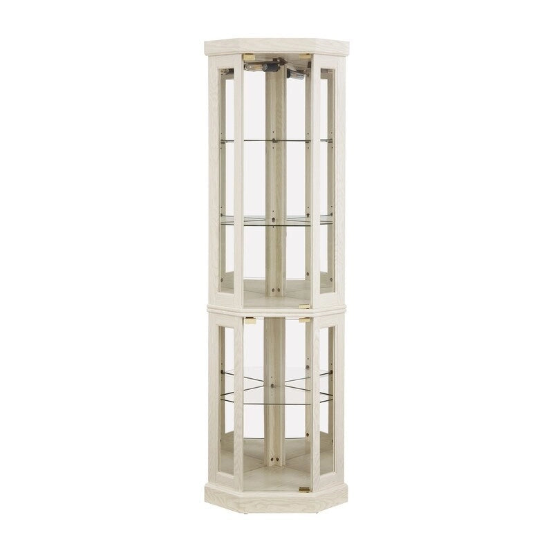 Elegante vitrina de esquina con luces integradas, ideal para exhibir objetos de colección, cristalería o decoración.