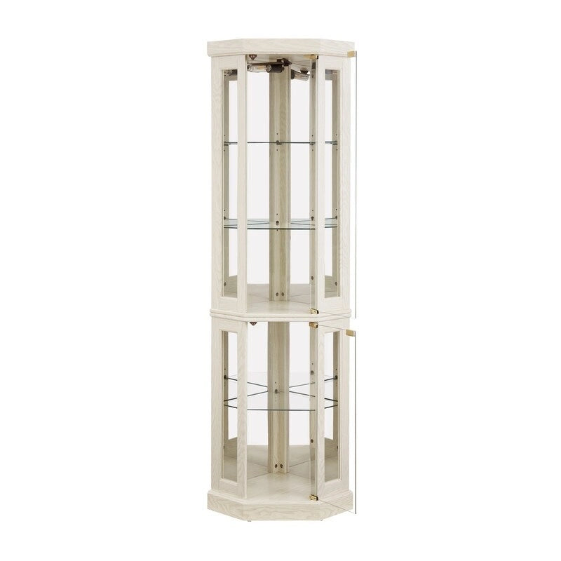 Elegante vitrina de esquina con luces integradas, ideal para exhibir objetos de colección, cristalería o decoración.