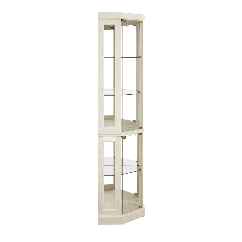 Elegante vitrina de esquina con luces integradas, ideal para exhibir objetos de colección, cristalería o decoración.