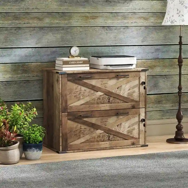 Meuble en bois à porte de grange, 2 tiroirs verrouillables, 25.79H