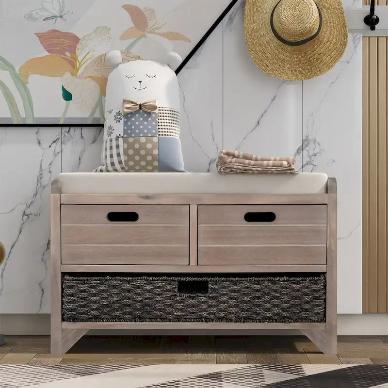 Banc de rangement avec panier amovible, 2 tiroirs et coussin amovible