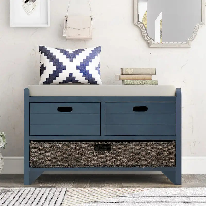 Banc de rangement avec panier amovible, 2 tiroirs et coussin amovible