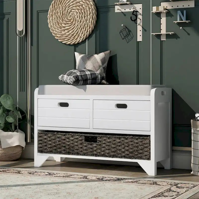 Banc de rangement avec panier amovible, 2 tiroirs et coussin amovible