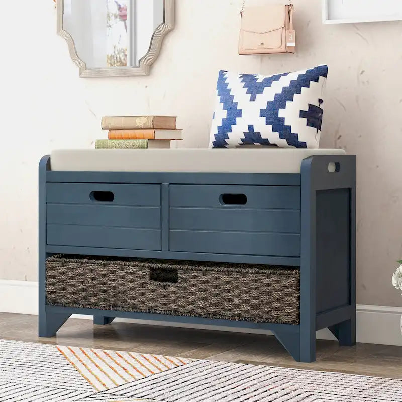 Banc de rangement avec panier amovible, 2 tiroirs et coussin amovible