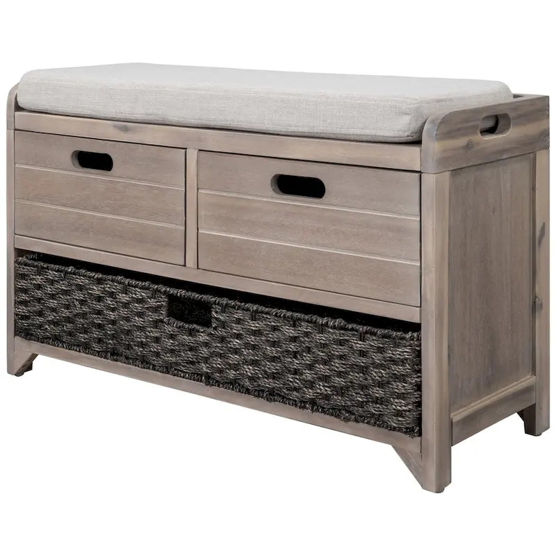Banc de rangement avec panier amovible, 2 tiroirs et coussin amovible