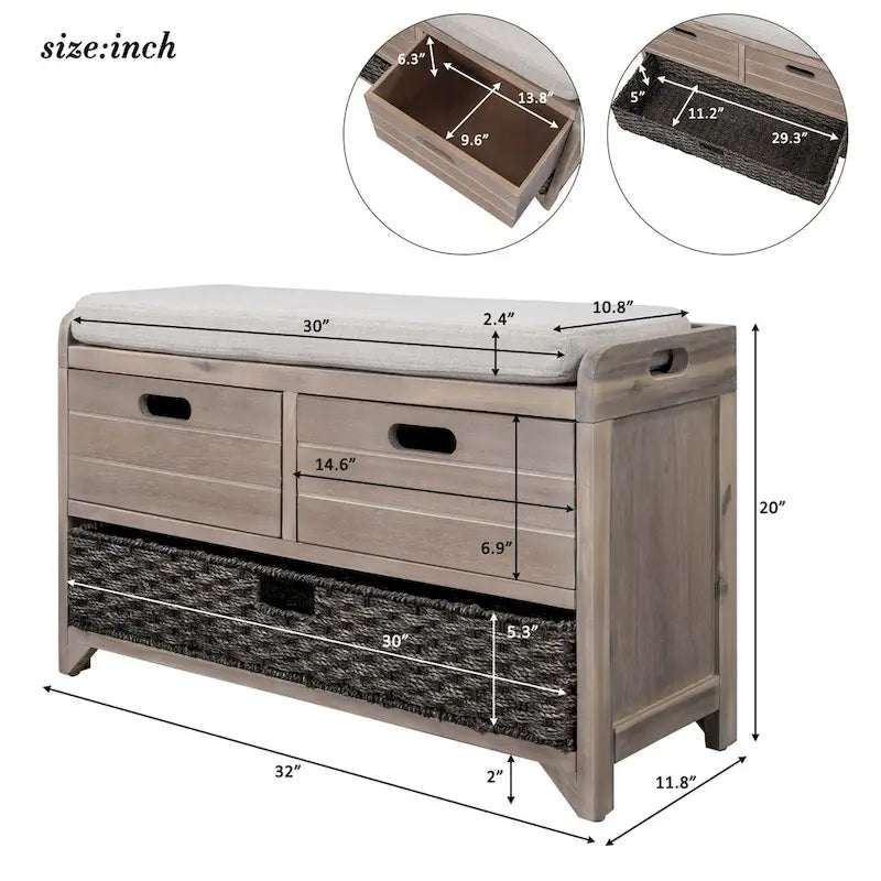 Banc de rangement avec panier amovible, 2 tiroirs et coussin amovible