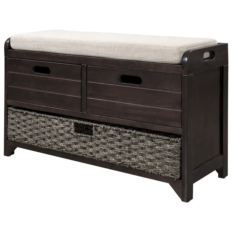 Banc de rangement avec panier amovible, 2 tiroirs et coussin amovible