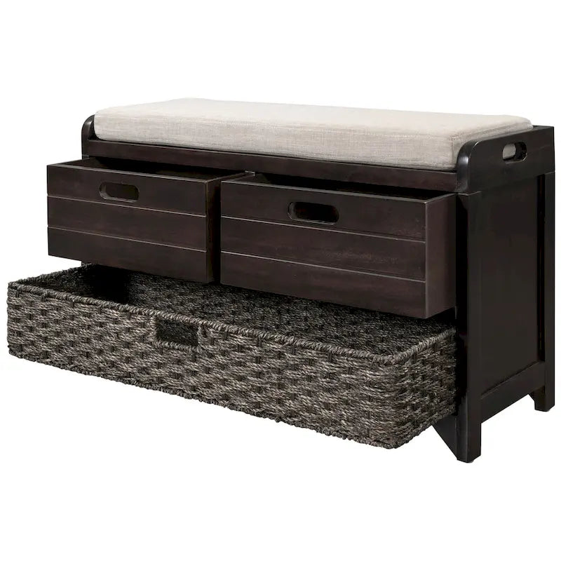 Banc de rangement avec panier amovible, 2 tiroirs et coussin amovible