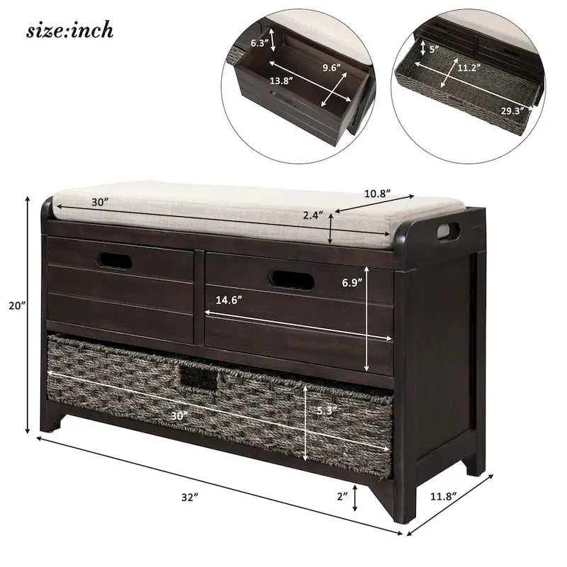 Banc de rangement avec panier amovible, 2 tiroirs et coussin amovible