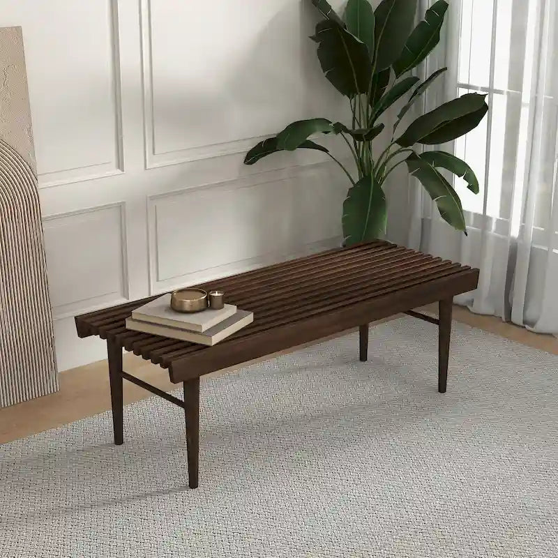 Banc rembourré en bois massif de style mid-century, marron