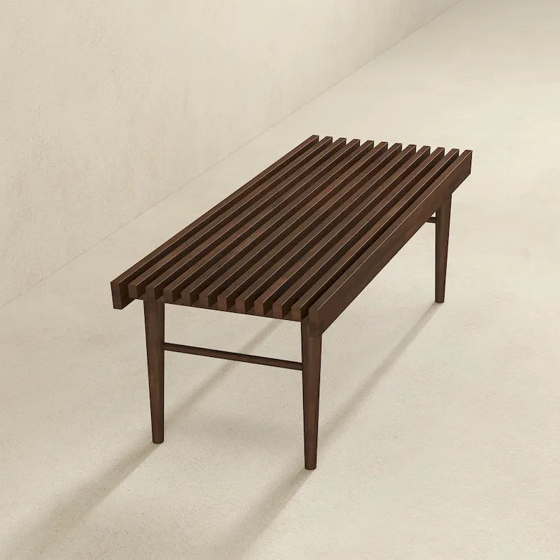 Silvie Mid-Century Solid Wood Upholstered Bench in Brown