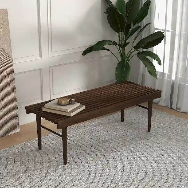 Banc rembourré en bois massif de style mid-century, marron