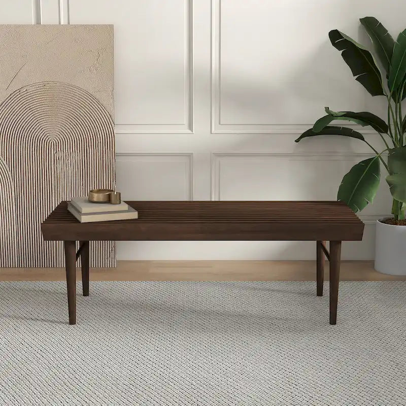 Banc rembourré en bois massif de style mid-century, marron