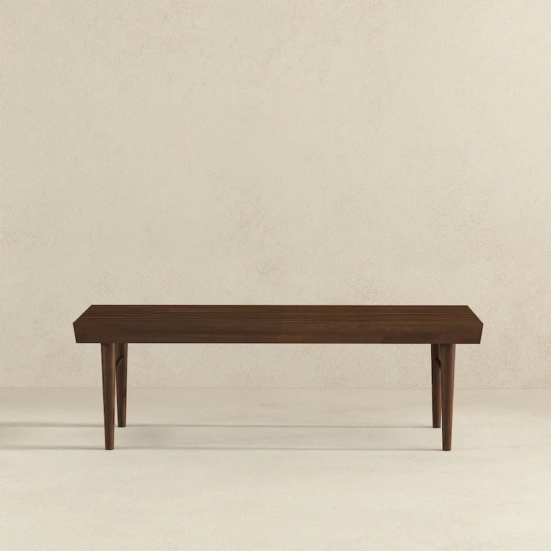 Banc rembourré en bois massif de style mid-century, marron