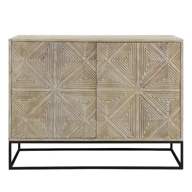 Sideboard aus Mangoholz mit Schnitzereien und 4 Türen, 42 Zoll, mit Eisengestell