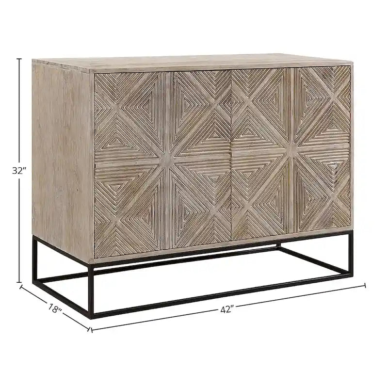 Buffet en bois de manguier sculpté de 42 pouces, à 4 portes, avec piètement en fer