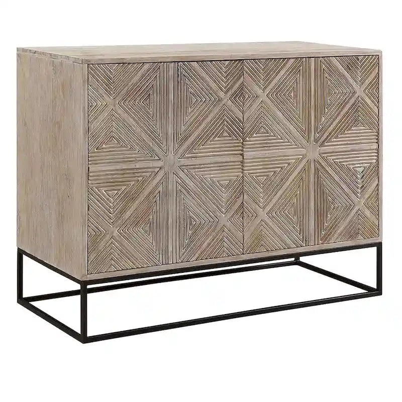 Buffet en bois de manguier sculpté de 42 pouces, à 4 portes, avec piètement en fer