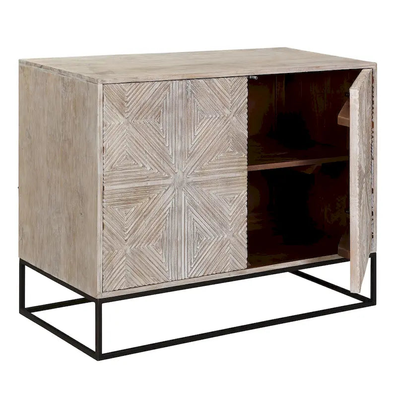 Sideboard aus Mangoholz mit Schnitzereien und 4 Türen, 42 Zoll, mit Eisengestell