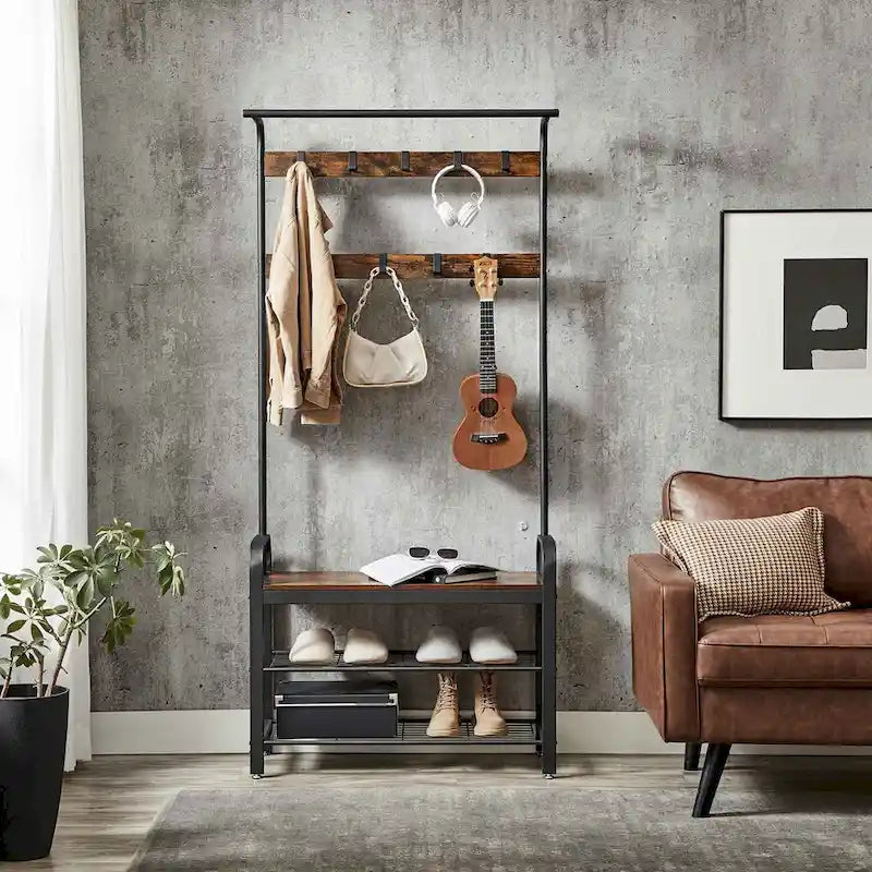Garderobenständer mit Schuhbank für den Eingangsbereich, 3-in-1-Design, einfacher Aufbau, rustikales Braun und Schwarz