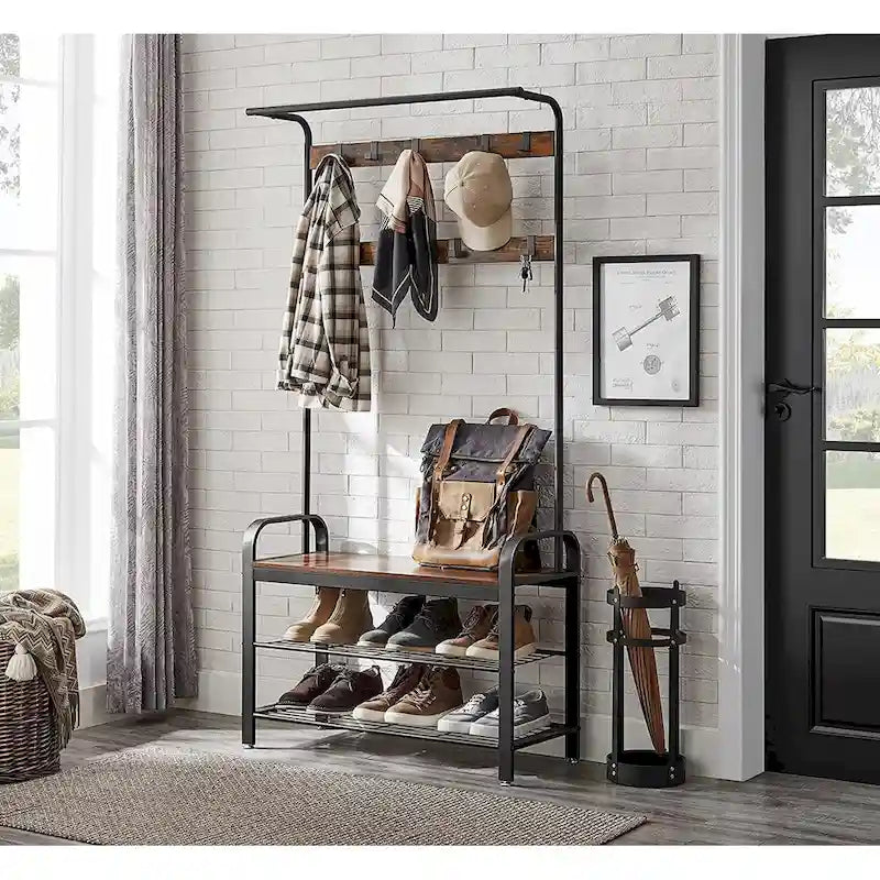 Garderobenständer mit Schuhbank für den Eingangsbereich, 3-in-1-Design, einfacher Aufbau, rustikales Braun und Schwarz