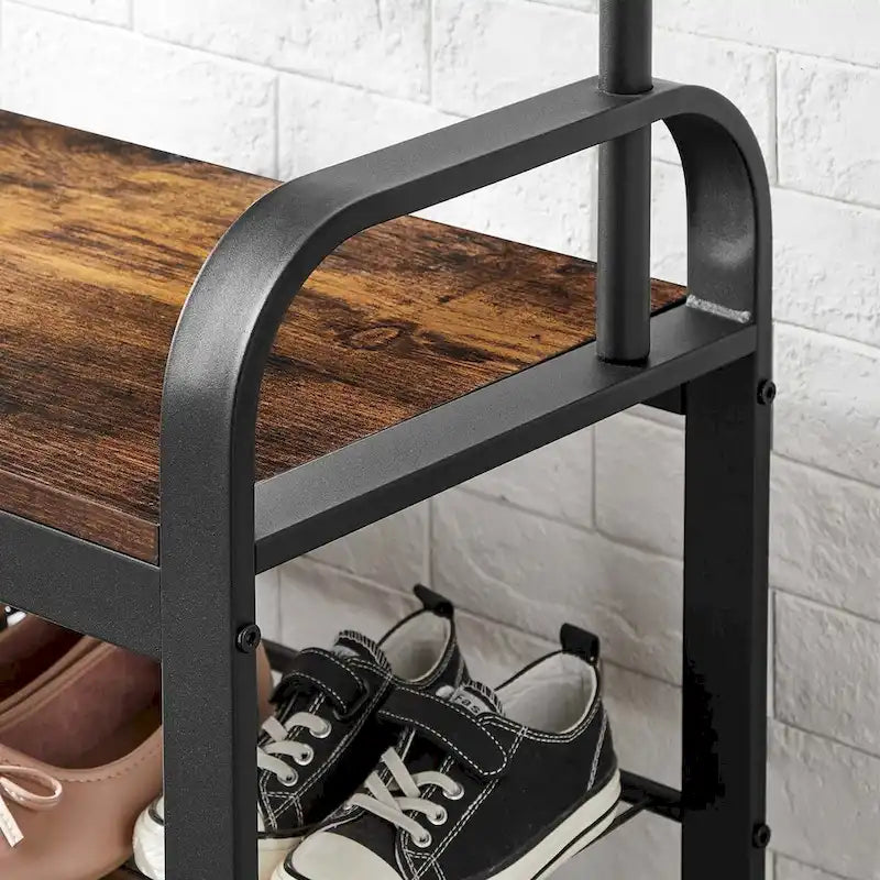 Porte-manteau avec banc à chaussures pour l’entrée, conception 3 en 1, montage facile, brun rustique et noir
