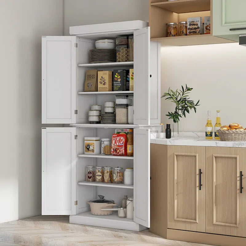 72.5 Kitchen Pantry Storage Cabinet, Freestanding Kitchen Cupboard with 4 Doors and Adjustable Shelves for Dining Room, MDF