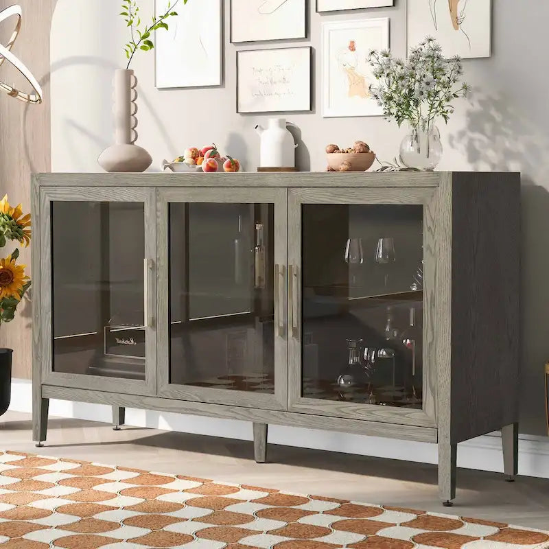 Meuble de rangement en bois avec 3 portes en verre trempé et étagère réglable