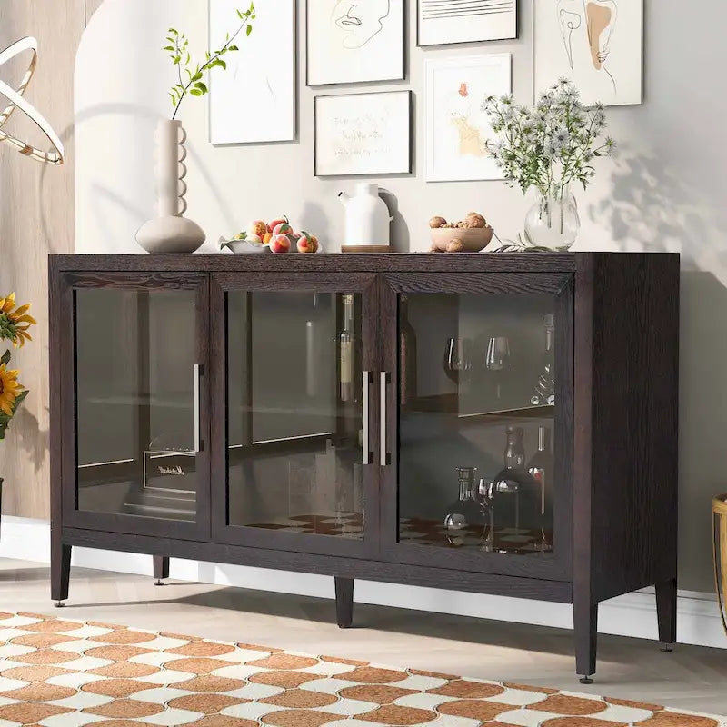Meuble de rangement en bois avec 3 portes en verre trempé et étagère réglable
