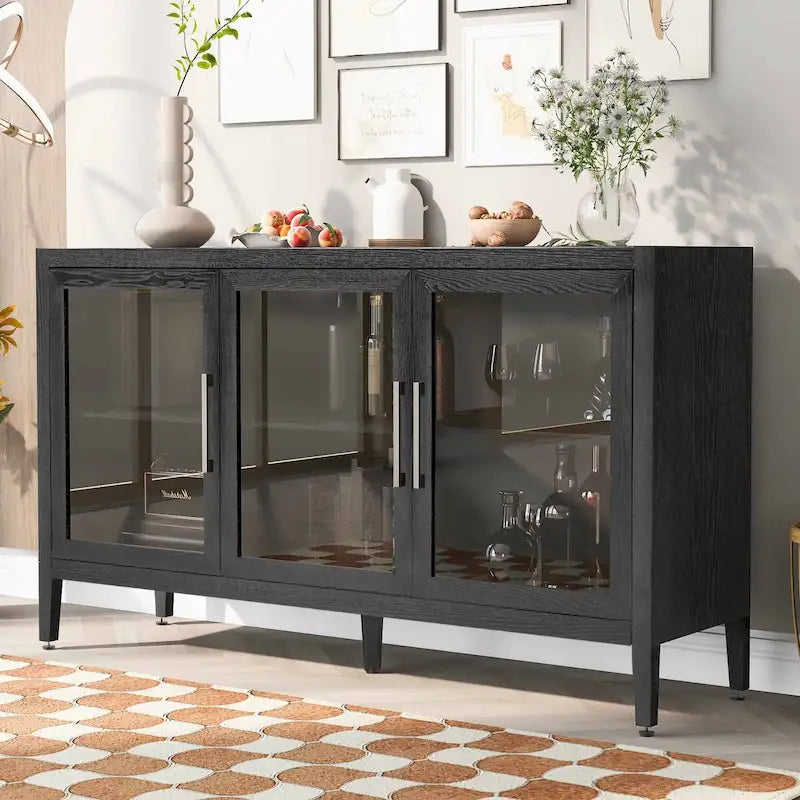 Meuble de rangement en bois avec 3 portes en verre trempé et étagère réglable