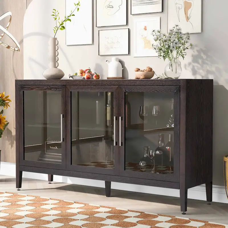 Meuble de rangement en bois avec 3 portes en verre trempé et étagère réglable