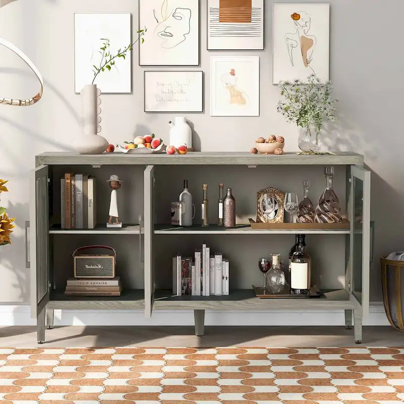 Meuble de rangement en bois avec 3 portes en verre trempé et étagère réglable