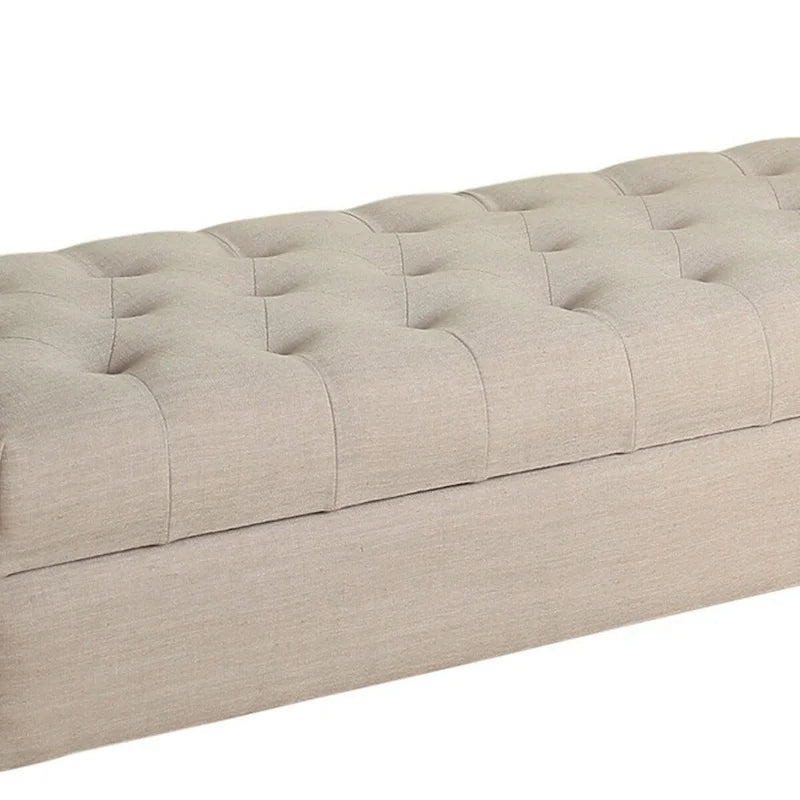 Banco de madera tapizado en tela con almacenamiento bajo la tapa elevable con botones capitoné, beige