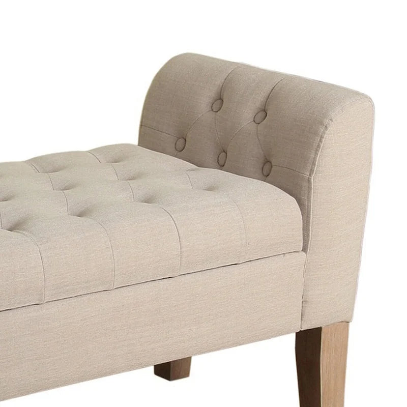 Banc en bois rembourré de tissu avec rangement à couvercle relevable capitonné, beige